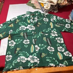GREEN Hawaiian Kai-Veikau SHIRT Men's XL COTTON wooden button boats flower white